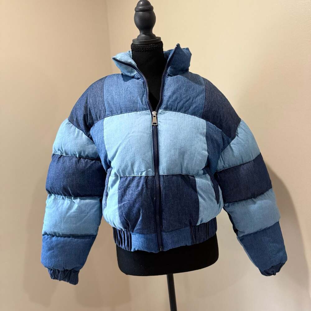 Nasty Gal Collection Patchwork Denim Puffer Jacket US 6